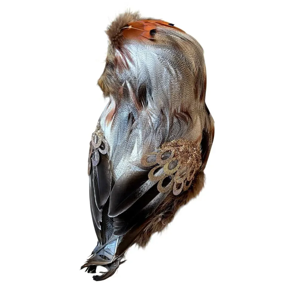 Set of 2 Feathered Owl Figurines 9.5in Chic Fall Decor by Mrs. Alice NEW